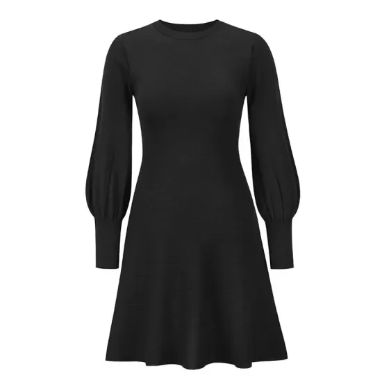 Solid Color Puff Sleeves Wrap Round-Neck Sweater Dress