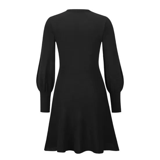 Solid Color Puff Sleeves Wrap Round-Neck Sweater Dress