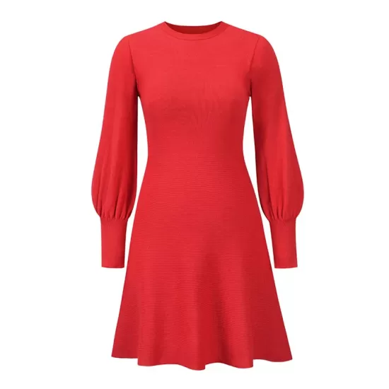 Solid Color Puff Sleeves Wrap Round-Neck Sweater Dress