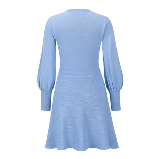 Solid Color Puff Sleeves Wrap Round-Neck Sweater Dress