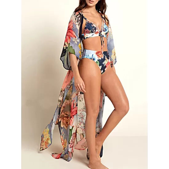 Floral Chiffon Half Sleeve Loose Long Cardigan Cover-Up Swimwear