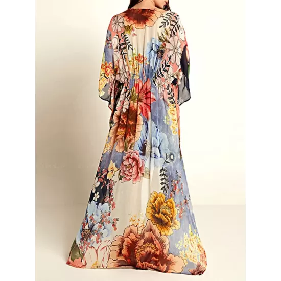 Floral Chiffon Half Sleeve Loose Long Cardigan Cover-Up Swimwear