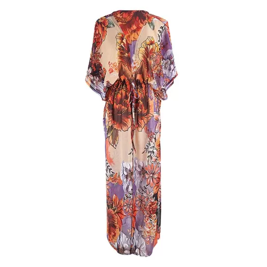 Floral Chiffon Half Sleeve Loose Long Cardigan Cover-Up Swimwear