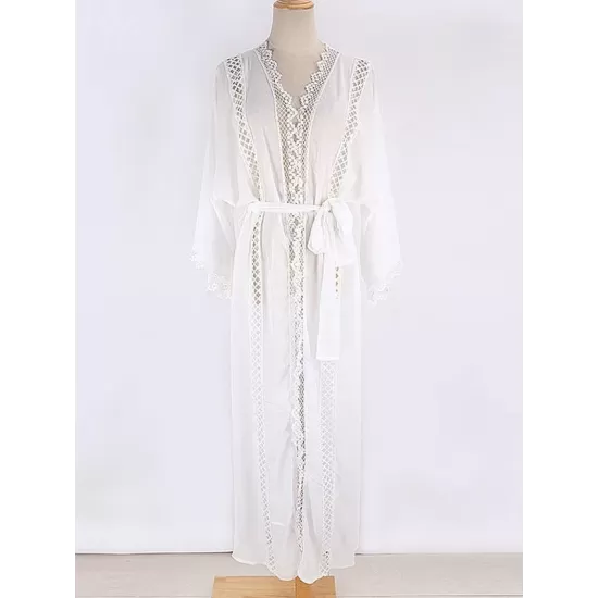 Solid Color Lace Split-Joint Long Sleeve Tunicshang Cover-Ups