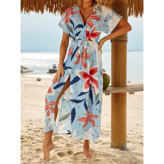 Short Sleeve V-Neck Midi Dress Cover-Up Swimwear