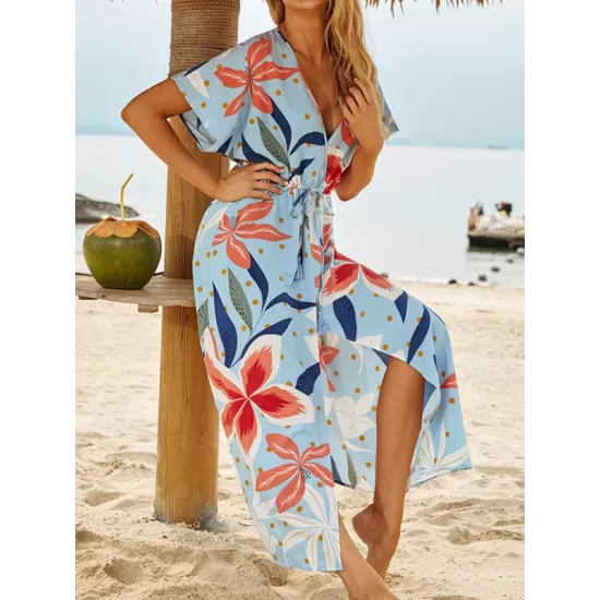 Short Sleeve V-Neck Midi Dress Cover-Up Swimwear