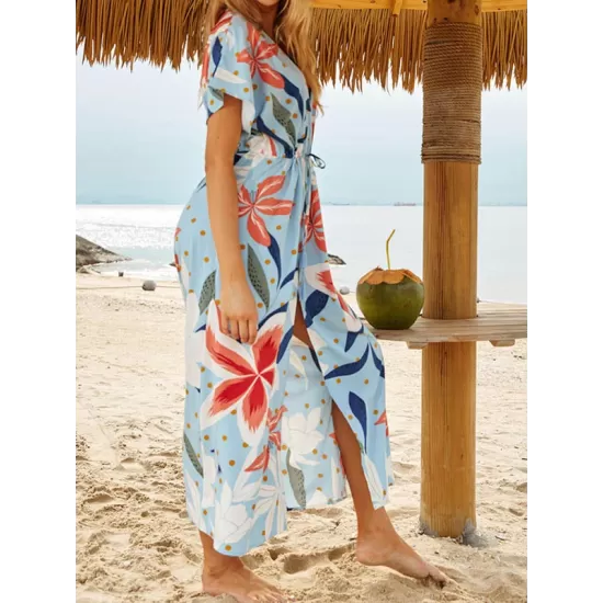 Short Sleeve V-Neck Midi Dress Cover-Up Swimwear