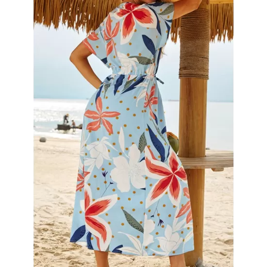 Short Sleeve V-Neck Midi Dress Cover-Up Swimwear