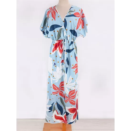 Short Sleeve V-Neck Midi Dress Cover-Up Swimwear