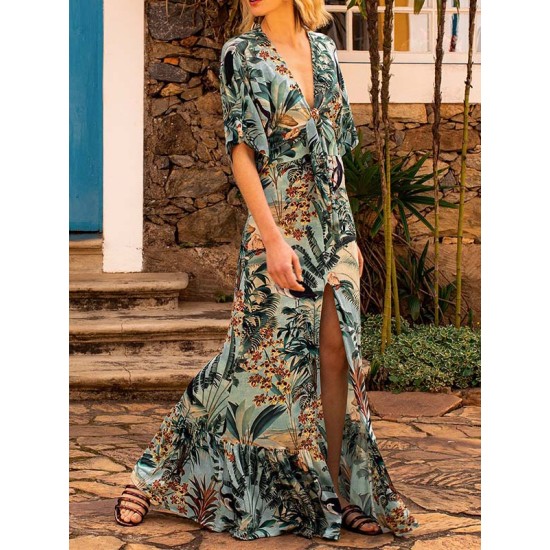 Floral-Print Half Sleeve Knotted Maxi Dress