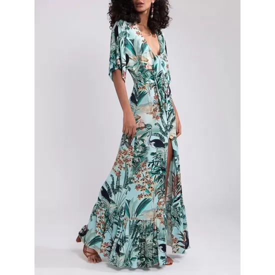 Floral-Print Half Sleeve Knotted Maxi Dress