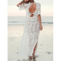 Short Sleeve Split-Side Backless Lace Cover-Up Swimwear