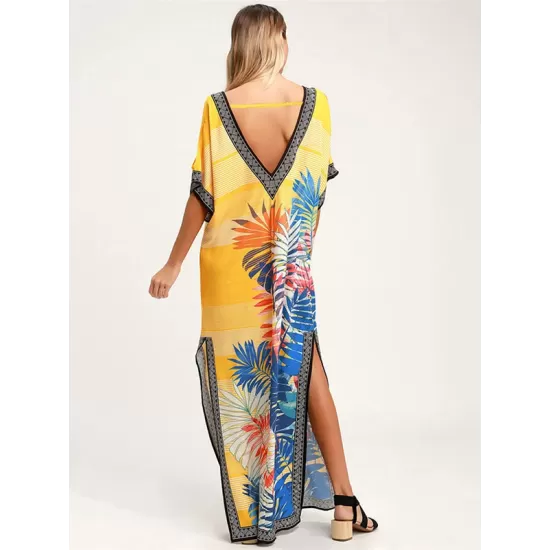 Off-The-Shoulder Floral Bandage V-Back Split-Side Cover-Up Swimwear