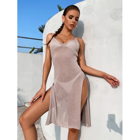 Spaghetti-Neck Hollow Split-Side See-Through Backless Cover-Up Swimwear