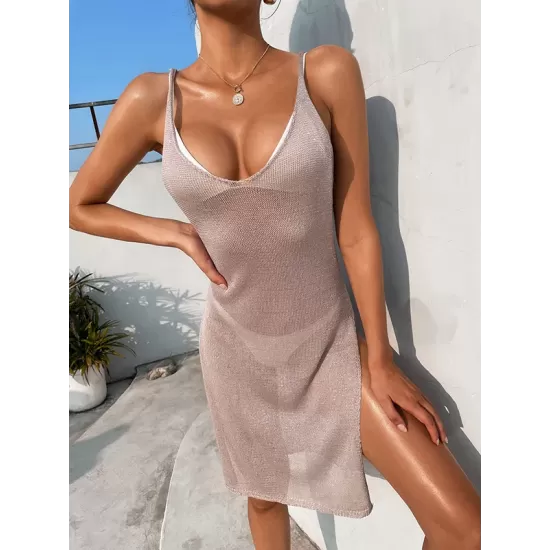 Spaghetti-Neck Hollow Split-Side See-Through Backless Cover-Up Swimwear