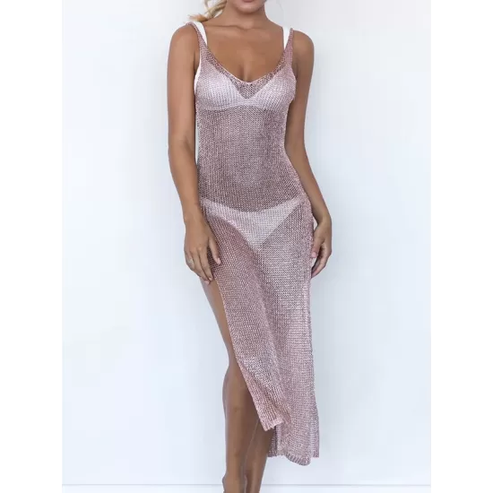 Spaghetti-Neck Hollow Split-Side See-Through Backless Cover-Up Swimwear