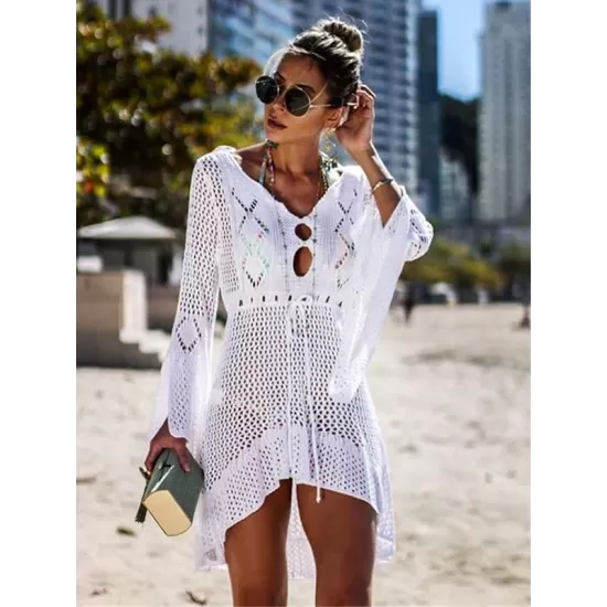 Flared Sleeves Crochet Swimwear Cover-Ups