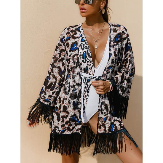 Leopard Printed Tasseled Loose Cover-Up Top