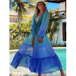 Long Sleeves Loose Bandage Color-Block Deep V-Neck Cover-Ups Swimwear