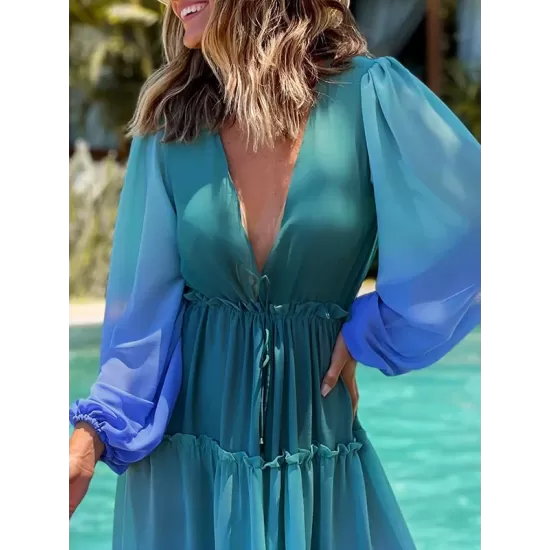 Long Sleeves Loose Bandage Color-Block Deep V-Neck Cover-Ups Swimwear