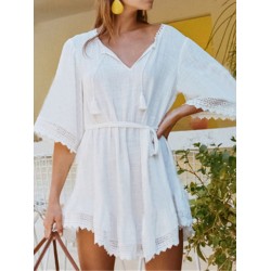 Irregular Clipping Lace-Up Half Sleeves Cover-Ups Tops