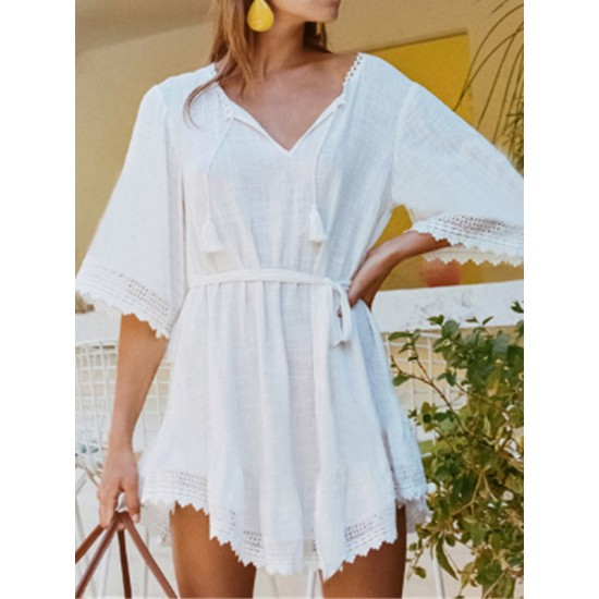 Irregular Clipping Lace-Up Half Sleeves Cover-Ups Tops