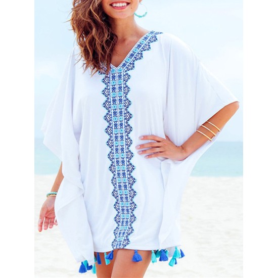 Printed Batwing Sleeves Tasseled Cover-up