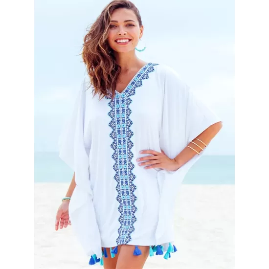 Printed Batwing Sleeves Tasseled Cover-up