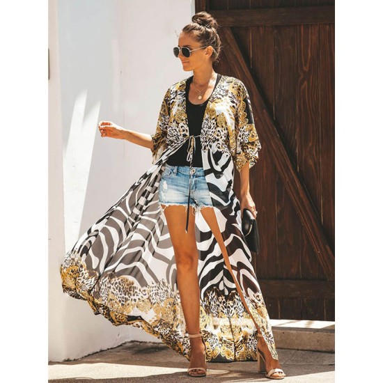 Chiffon Leopard&Zebra Short Sleeve Loose Cardigan Cover-Up Swimwear