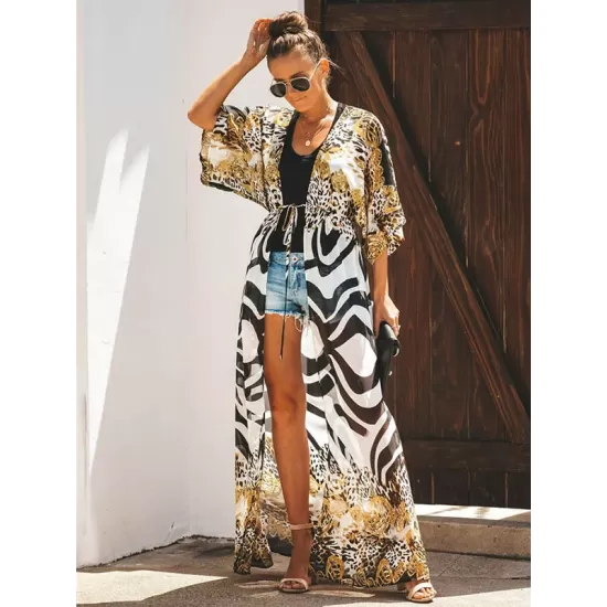 Chiffon Leopard&Zebra Short Sleeve Loose Cardigan Cover-Up Swimwear