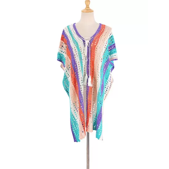 Loose Contrast Color Striped Hollow Split-Side Cover Up