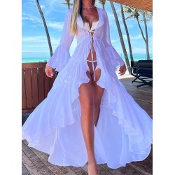 Flared Sleeves High-Low Bandage See-Through Solid Color Deep V-Neck Cover-Ups Swimwear