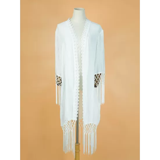 Solid Color Loose Hollow Tasseled Cardigan Cover-Up Swimwear