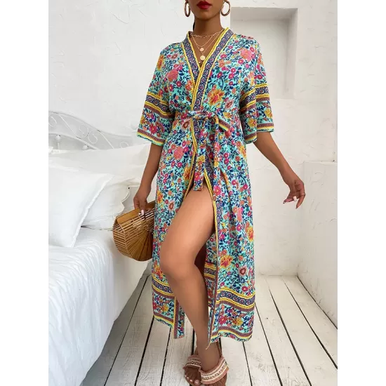 Loose Short Sleeve Floral Print Cardigan Cover-Up Swimwear