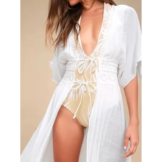 Deep V-Neck Solid Color Empire Bandage Lace-Up Cover-Up Swimwear