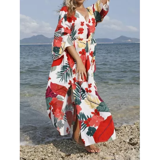 Floral-Print Belted Long Sleeve Tunicshang Cover-Ups