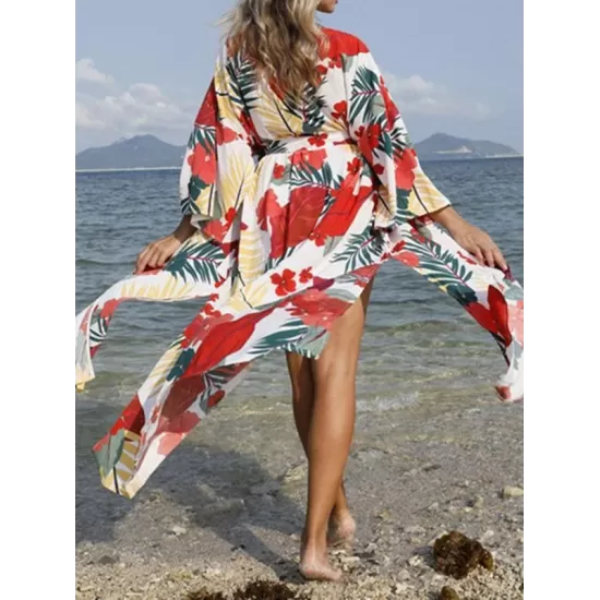 Floral-Print Belted Long Sleeve Tunicshang Cover-Ups