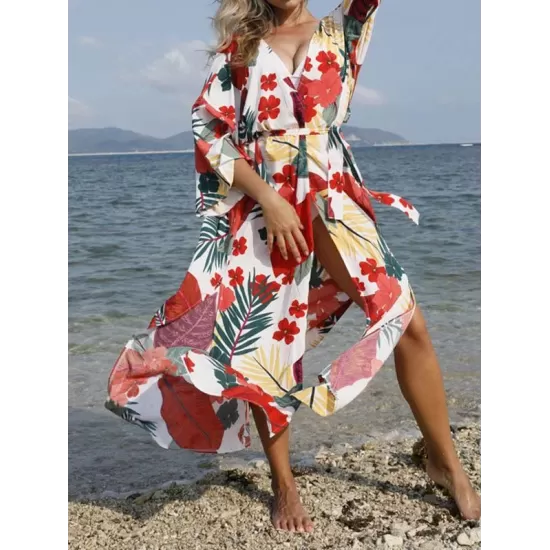 Floral-Print Belted Long Sleeve Tunicshang Cover-Ups