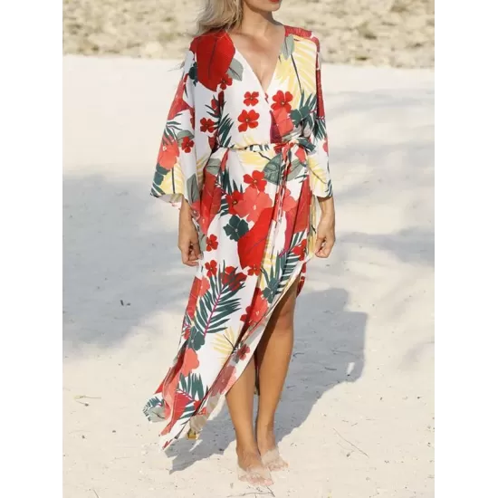 Floral-Print Belted Long Sleeve Tunicshang Cover-Ups