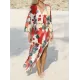 Floral-Print Belted Long Sleeve Tunicshang Cover-Ups