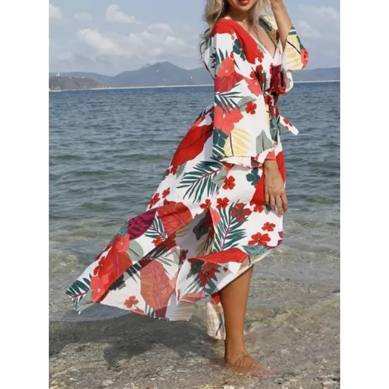 Floral-Print Belted Long Sleeve Tunicshang Cover-Ups