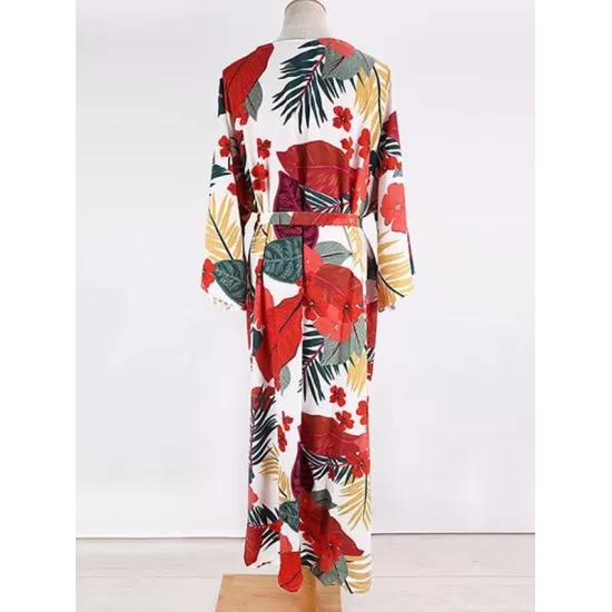 Floral-Print Belted Long Sleeve Tunicshang Cover-Ups