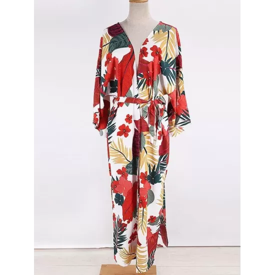 Floral-Print Belted Long Sleeve Tunicshang Cover-Ups