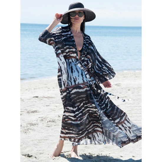 Long Sleeves Floral Printed Chiffon Cardigan Cover-Up Swimwear