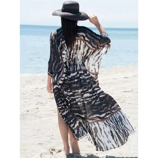 Long Sleeves Floral Printed Chiffon Cardigan Cover-Up Swimwear