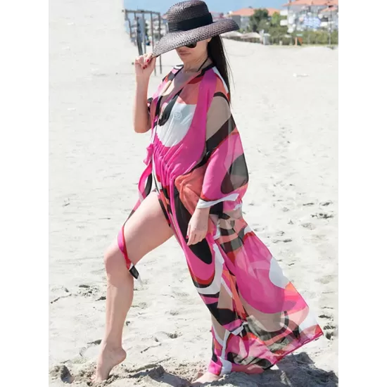 Long Sleeves Floral Printed Chiffon Cardigan Cover-Up Swimwear