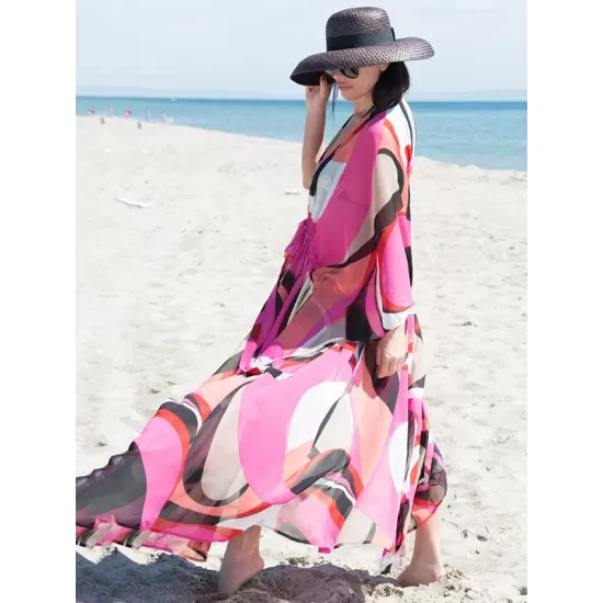 Long Sleeves Floral Printed Chiffon Cardigan Cover-Up Swimwear