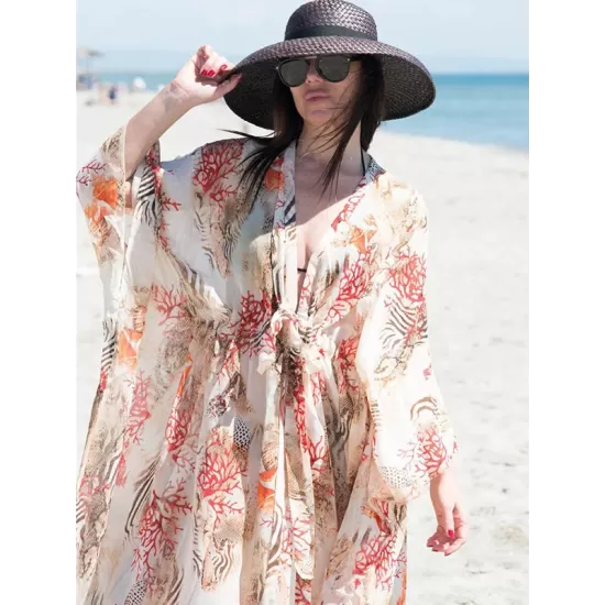 Long Sleeves Floral Printed Chiffon Cardigan Cover-Up Swimwear