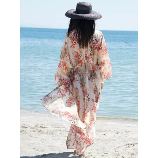 Long Sleeves Floral Printed Chiffon Cardigan Cover-Up Swimwear