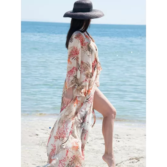 Long Sleeves Floral Printed Chiffon Cardigan Cover-Up Swimwear